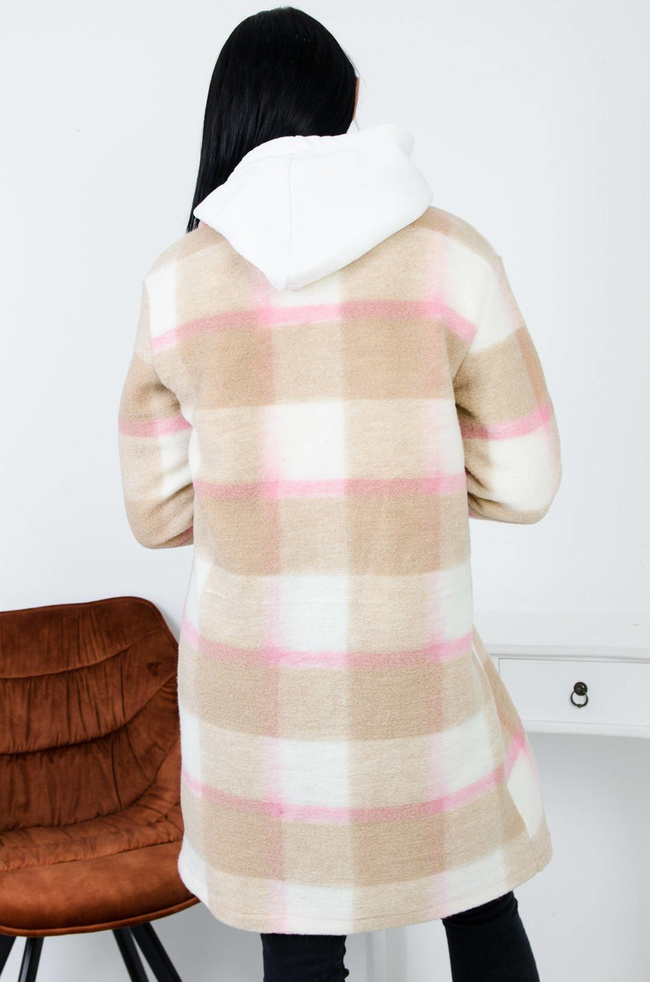 BEŻOWO- RÓŻOWY PŁASZCZ W KRATĘ