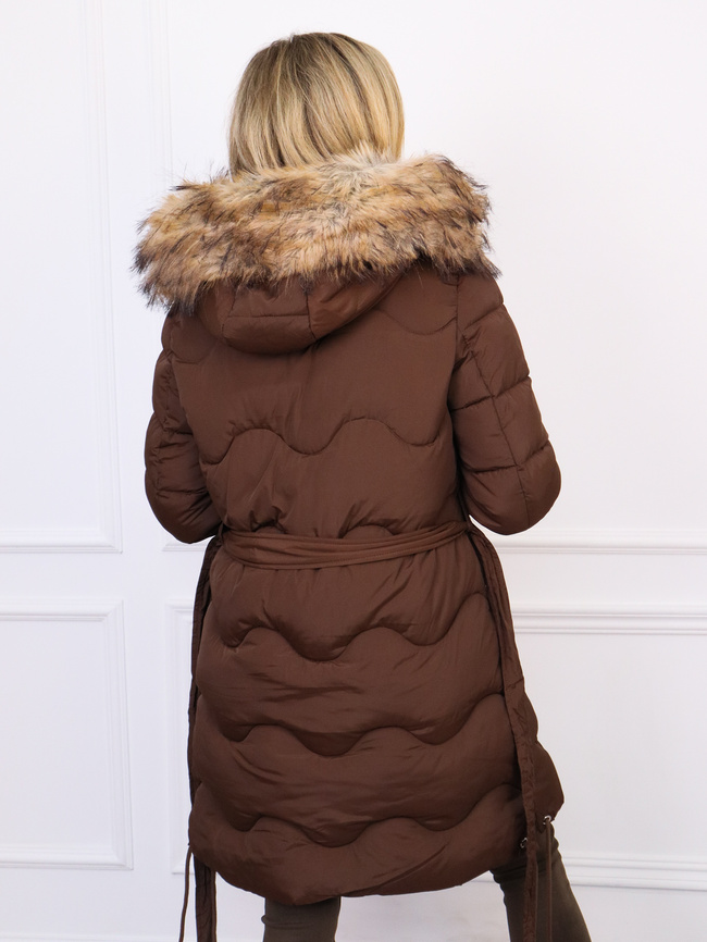 DŁUGA KURTKA PŁASZCZ WIĄZANY W PASIE Z FUTERKIEM- CZEKOLADOWA