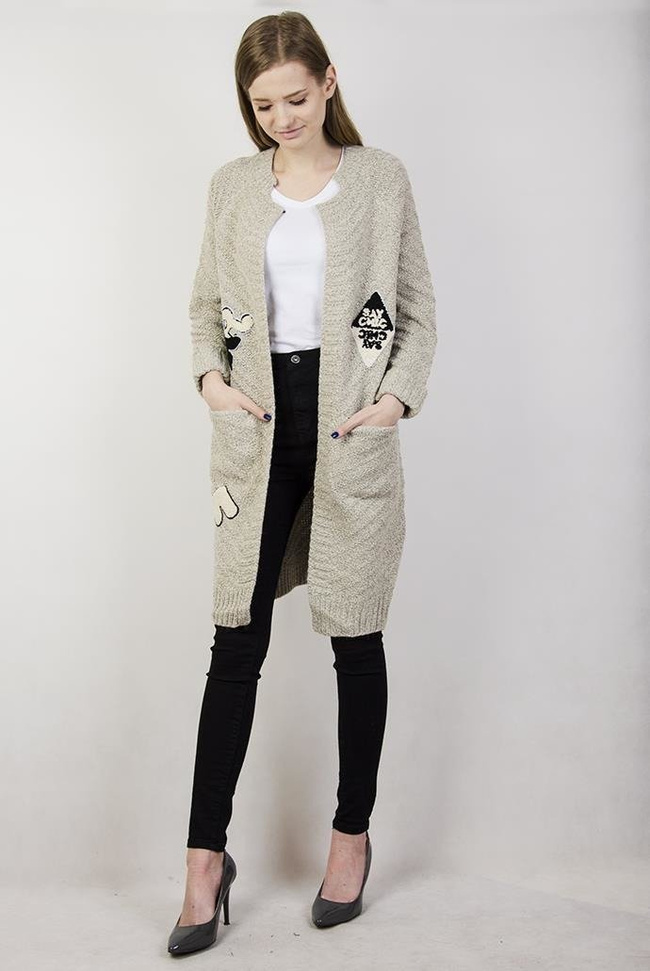 Kardigan z domieszką wełny beżowy z naszywkami