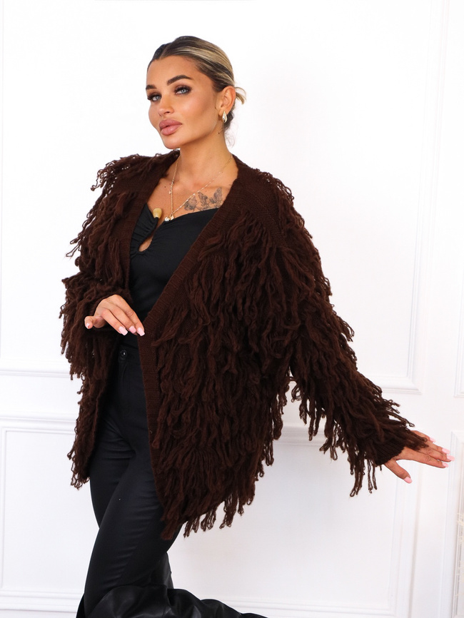 KARDIGAN DZIANINOWY Z FRĘDZLAMI- CZEKOLADOWY