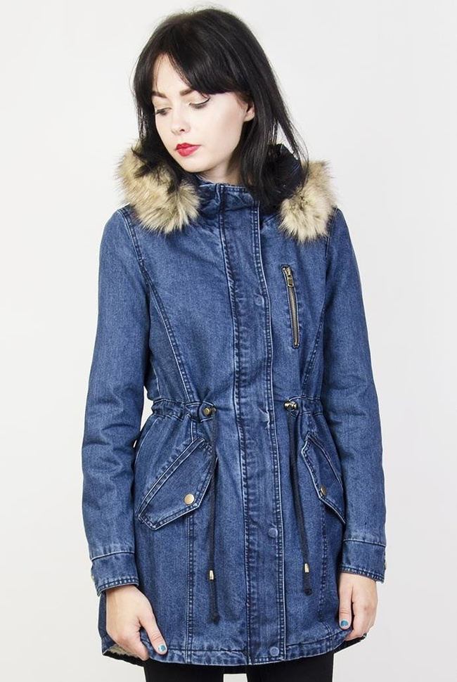 Parka jeansowa ocieplana białym futerkiem