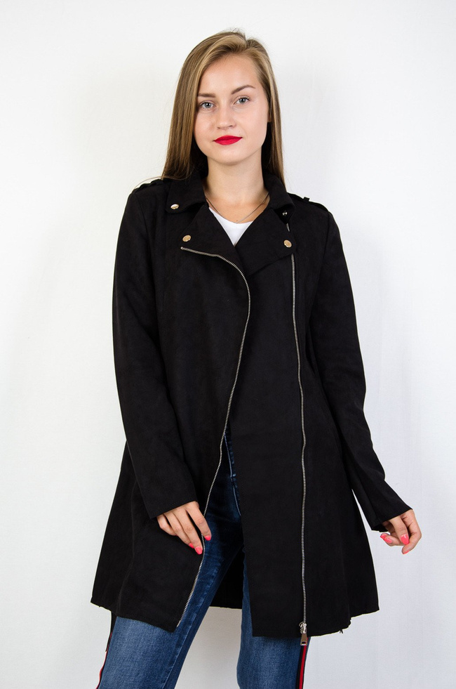 Czarny zamszowy płaszcz zapinany na zamek 