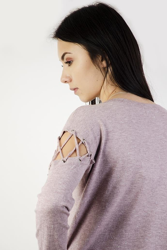 Jasnolawendowy sweterek z wiązaniami przy ramionach