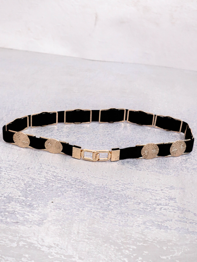 CZARNY PASEK NA GUMIE ZE ZŁOTYMI KÓŁKAMI