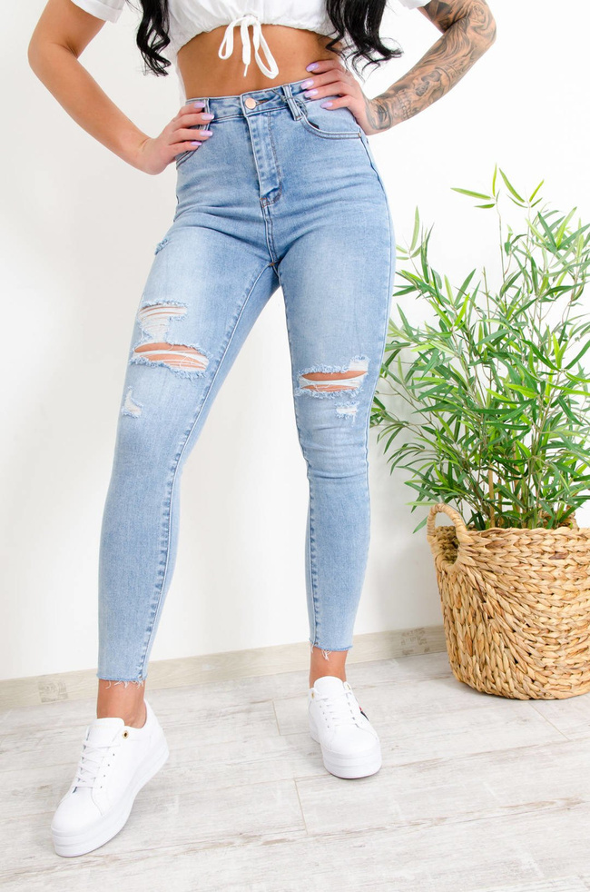 JASNE SPODNIE JEANSOWE Z PRZETARCIAMI-WYSOKI STAN