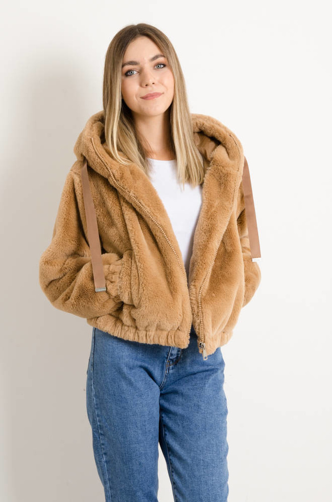 BRĄZOWA FUTRZANA KURTKA Z KAPTUREM