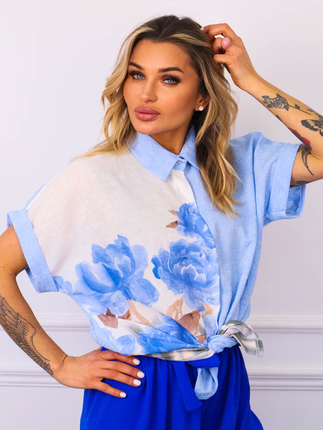 KOSZULA OVERSIZE Z KWIECISTYM NADRUKIEM- NIEBIESKA