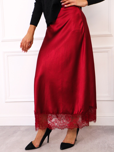 SPÓDNICA SATYNOWA MAXI ZAKOŃCZONA KORONKĄ-  BORDOWA