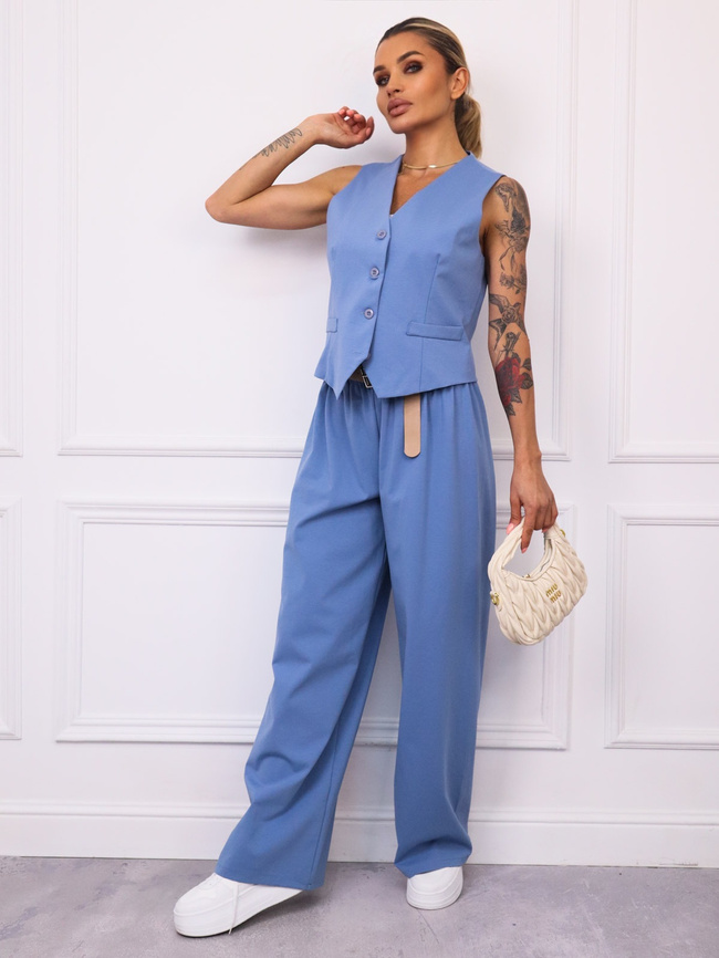 KOMPLET KAMIZELKA+ SPODNIE Z SZEROKIMI NOGAWKAMI I PASKIEM- NIEBIESKI