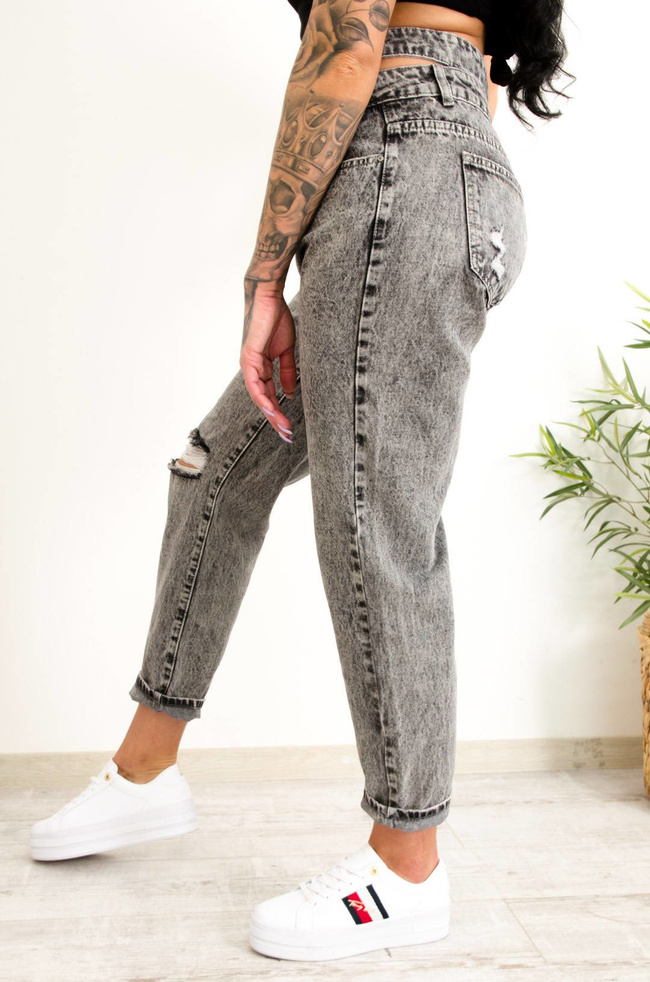 SZARE SPODNIE JEANSOWE MOM FIT Z WYCIECIEM W TALII