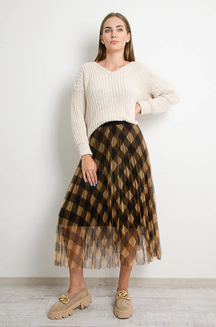 BRĄZOWA SPÓDNICA TIULOWA W KRATĘ