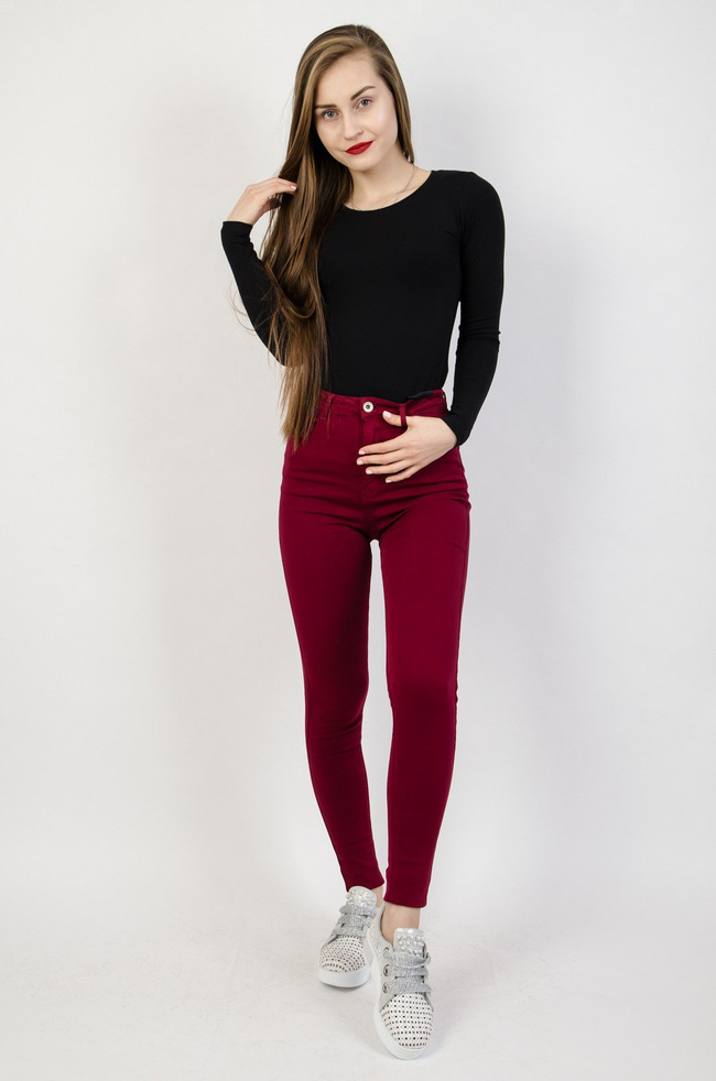 Bordowe dopasowane spodnie z wysokim stanem