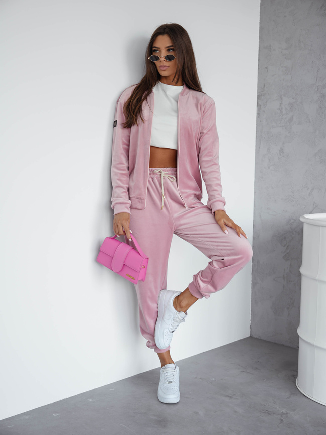 KOMPLET DRESOWY WELUROWY BLUZA ZAPINANA NA ZAMEK+ SPODNIE- PUDROWY