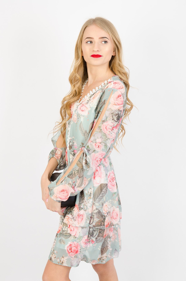  SUKIENKA W KWIATY W ODCIENIU PASTELOWEJ ZIELENI 