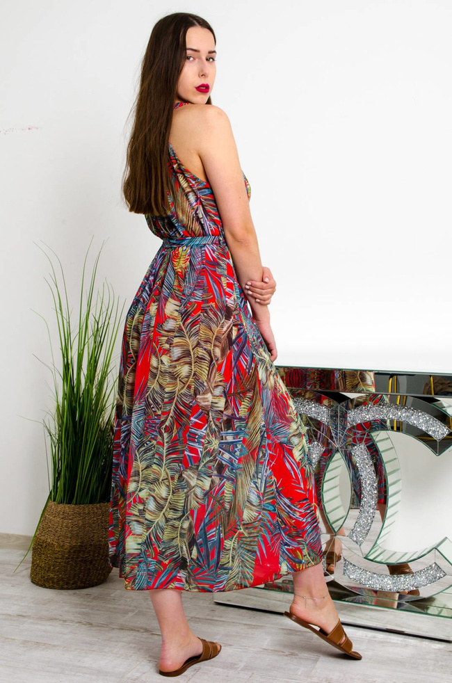 DŁUGA CZERWONO-ZIELONA SUKIENKA MAXI W KWIATOWY WZÓR 