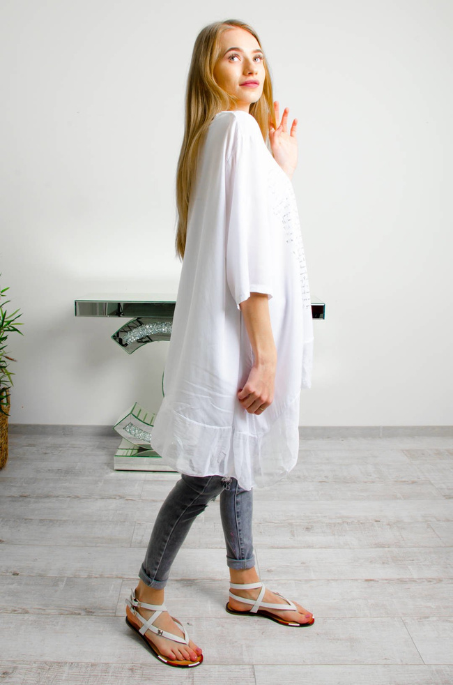 BIAŁA BLUZKA OVERSIZE , SREBRNO-ZŁOTA APLIKACJA