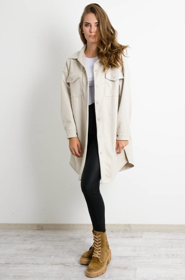 BEŻOWY DŁUGI PŁASZCZ KOSZULOWY