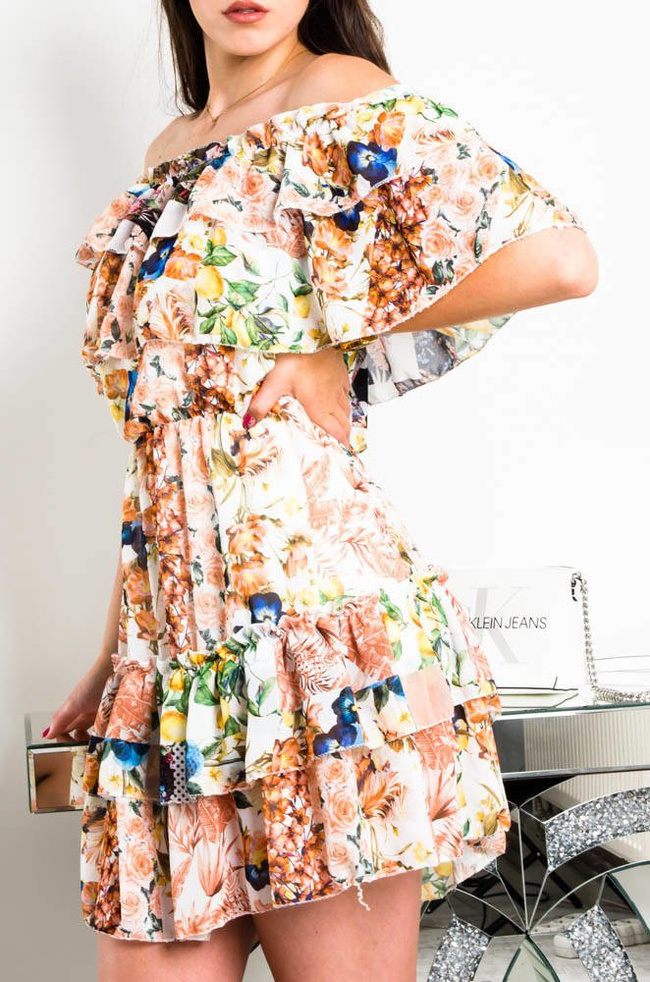 BIAŁA SUKIENKA HISZPANKA W KWIATOWO-OWOCOWY MOTYW