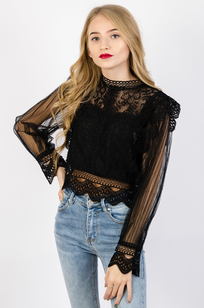CZARNA KORONKOWA BLUZKA Z TIULOWYMI RĘKAWAMI