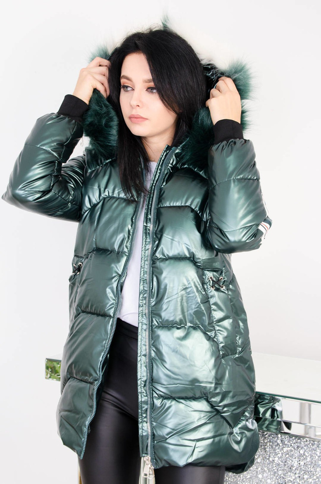 ZIELONA POŁYSKUJĄCA KURTKA Z LAMPASAMI