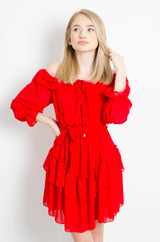 SUKIENKA SZYFONOWA Z HISZPAŃSKIM DEKOLTEM CZERWONA