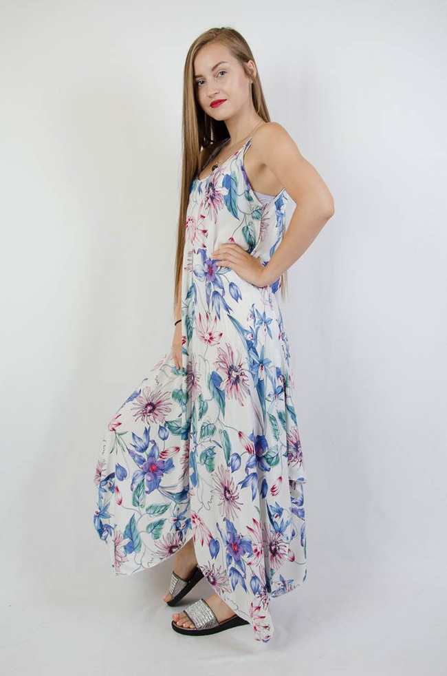 BIAŁA ASYMETRYCZNA SUKIENKA W KOLOROWE KWIATY