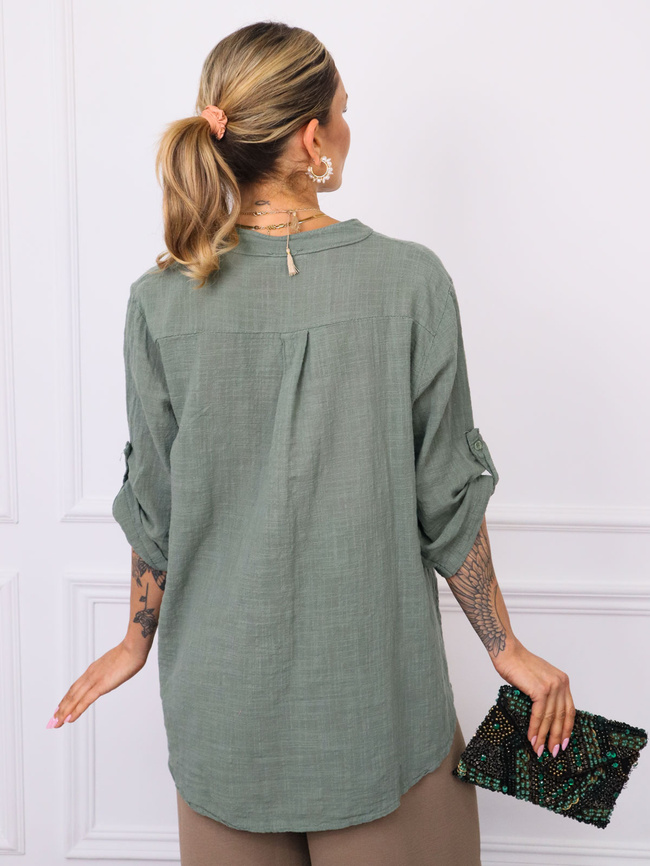 BLUZKA KOSZULOWA ASYMETRYCZNA Z LNEM- ZIELONA