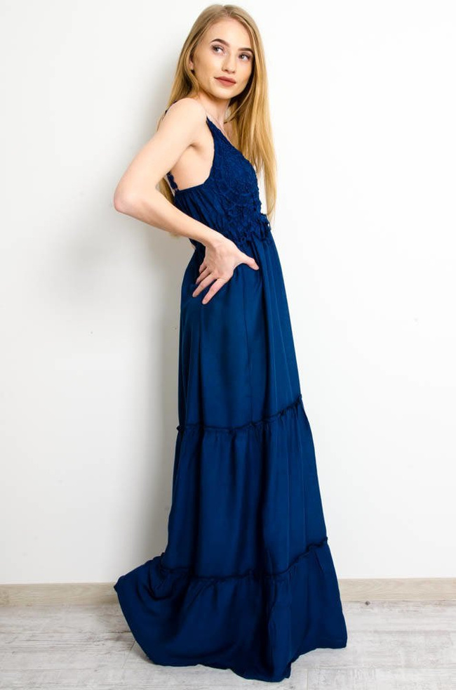 GRANATOWA SUKIENKA MAXI NA RAMIĄCZKACH Z AŻUROWĄ GÓRĄ