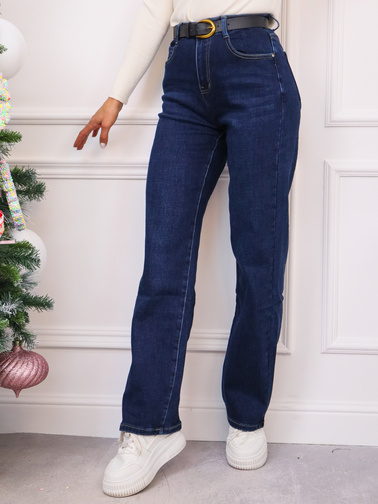 SPODNIE JEANSOWE O PROSTYM KROJU I WYSOKIM STANEM+ PASEK GRATIS- GRANATOWE