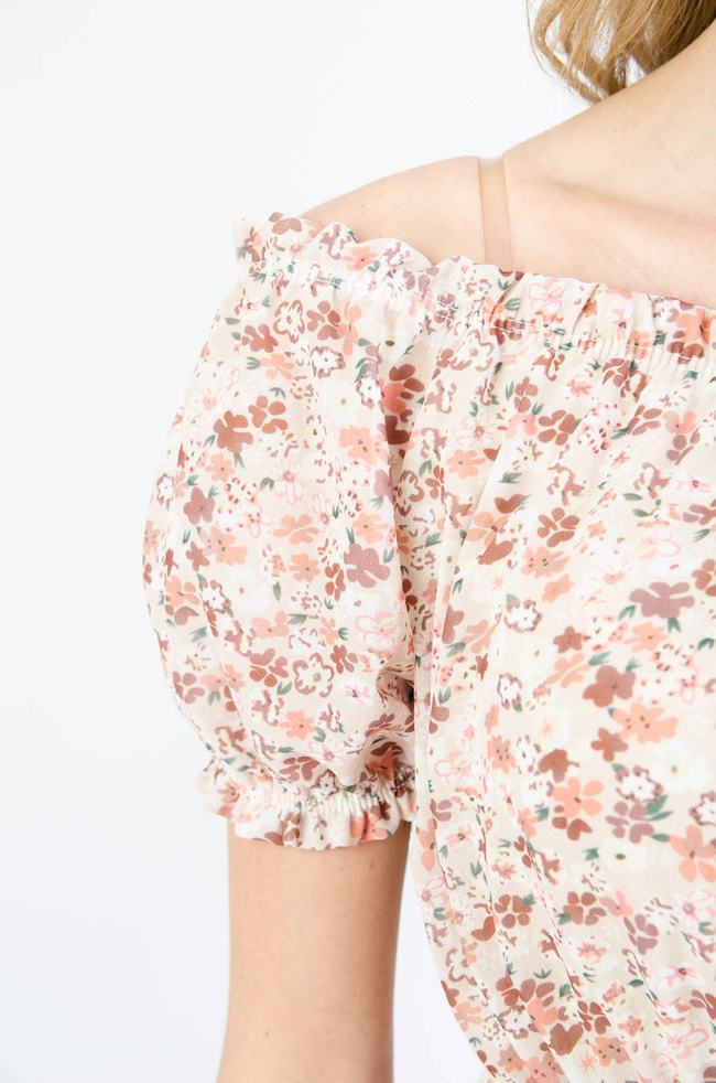 BEŻOWA SUKIENKA HISZPANKA Z KWIATOWYM WZOREM 