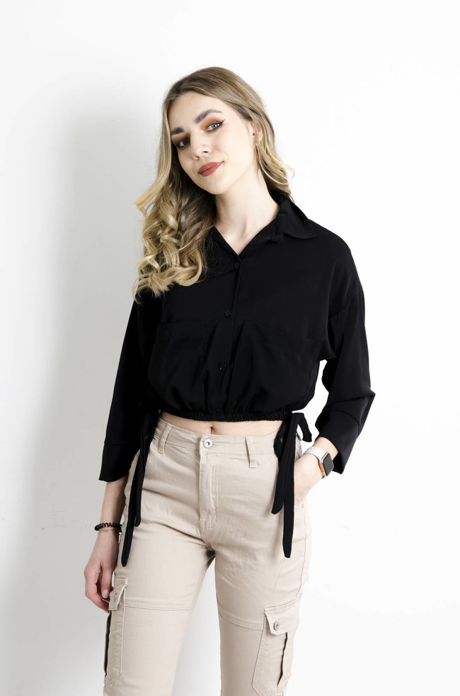 KOSZULA KRÓTKA ZE ŚCIĄGACZEM- CZARNA