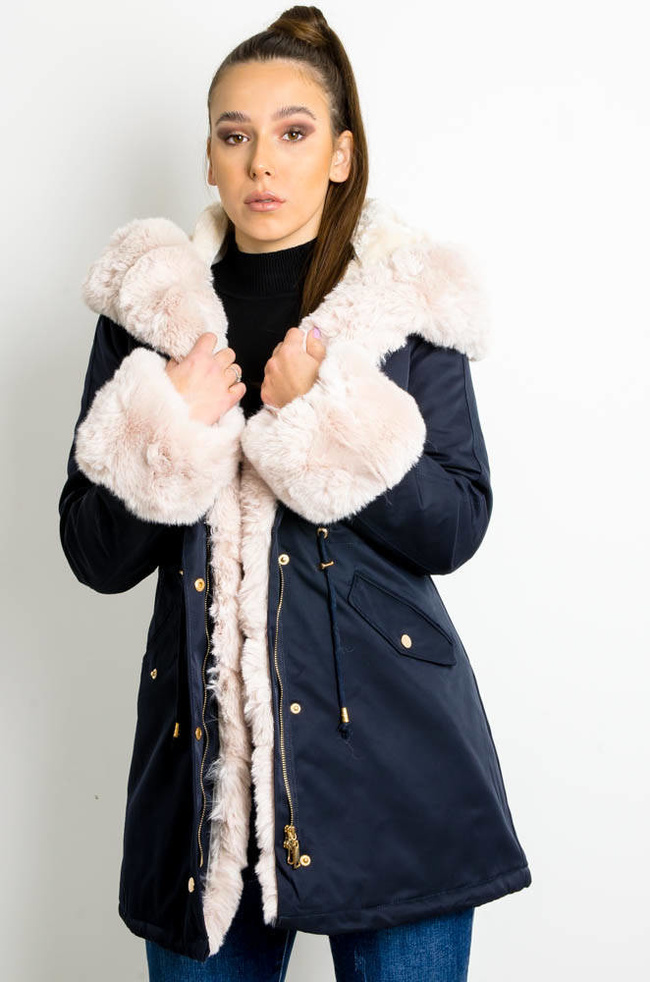 GRANATOWA KURTKA PARKA ZIMOWA Z ODPINANYM FUTERKIEM