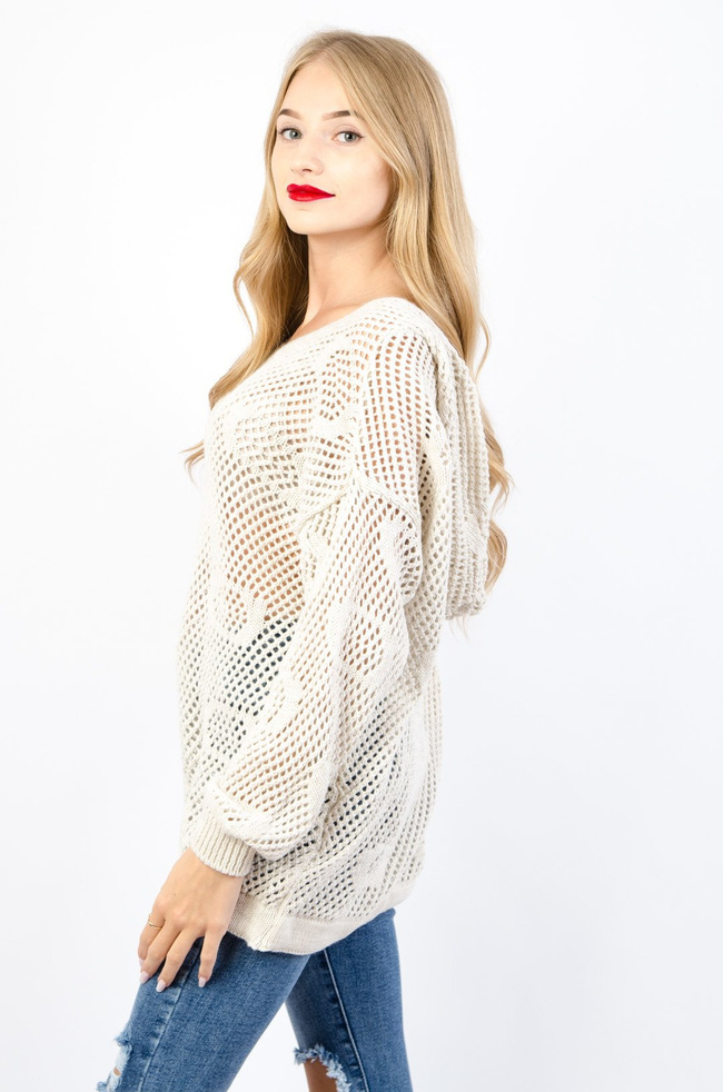 AŻUROWY SWETER W KOLORZE BEŻOWYM Z KAPTUREM