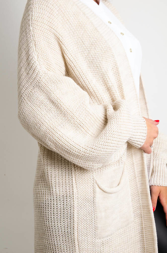 BEŻOWY DŁUGI SWETER KARDIGAN Z SZEROKIMI RĘKAWAMI