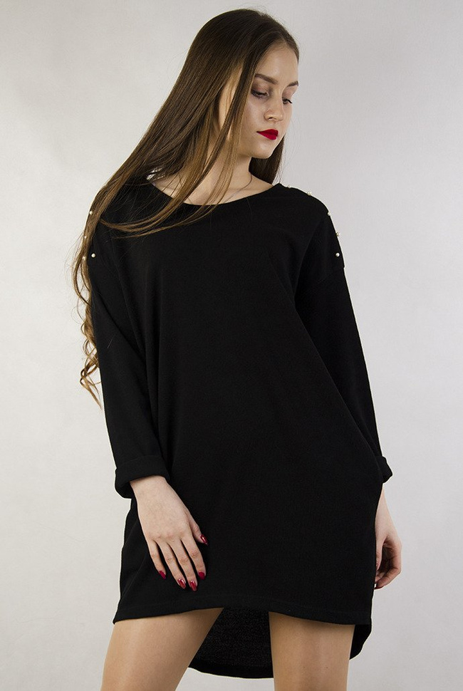 Czarna asymetryczna tunika z perełkami oraz wycięciem na plecach