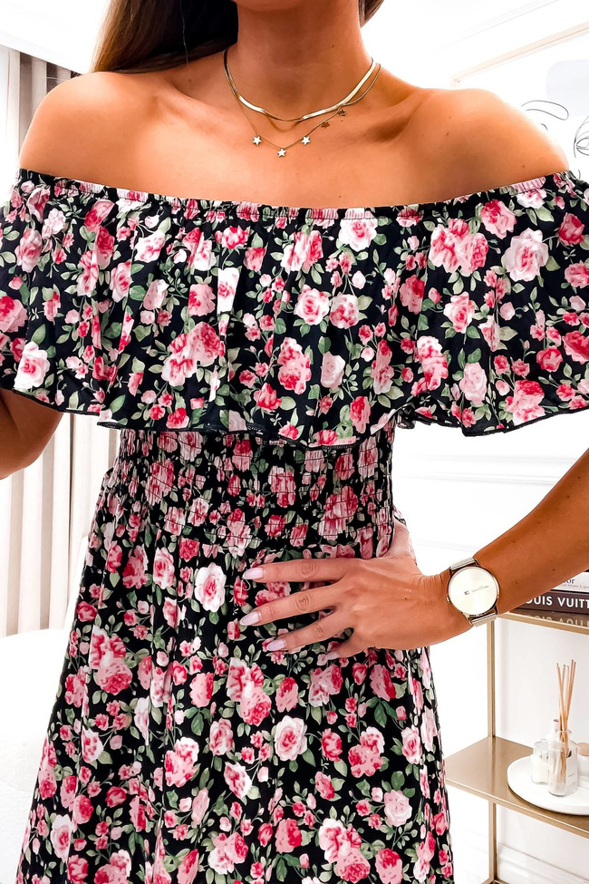SUKIENKA HISZPANKA MIDI W KWIATOWY WZÓR- CZARNA