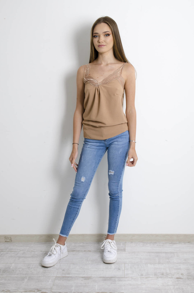 BIELIŹNIANY TOP Z KORONKĄ - BRĄZOWY