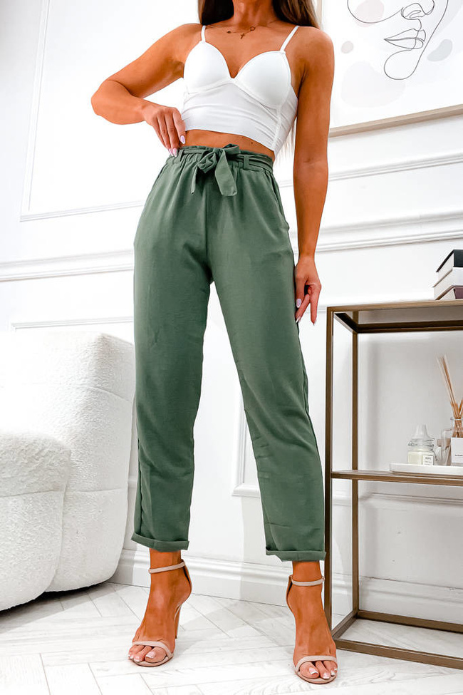 SPODNIE PAPERBAG Z WIĄZANIEM W PASIE- ZIELONE