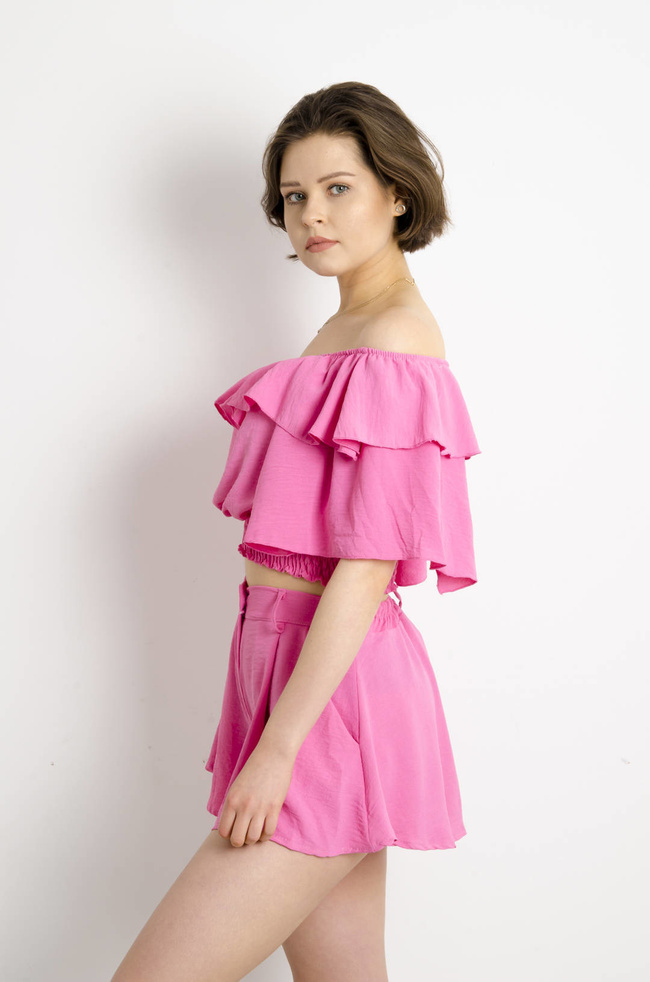 RÓŻOWY KOMPLET HISZPANKA + SPODENKI Z WYSOKIM STANEM