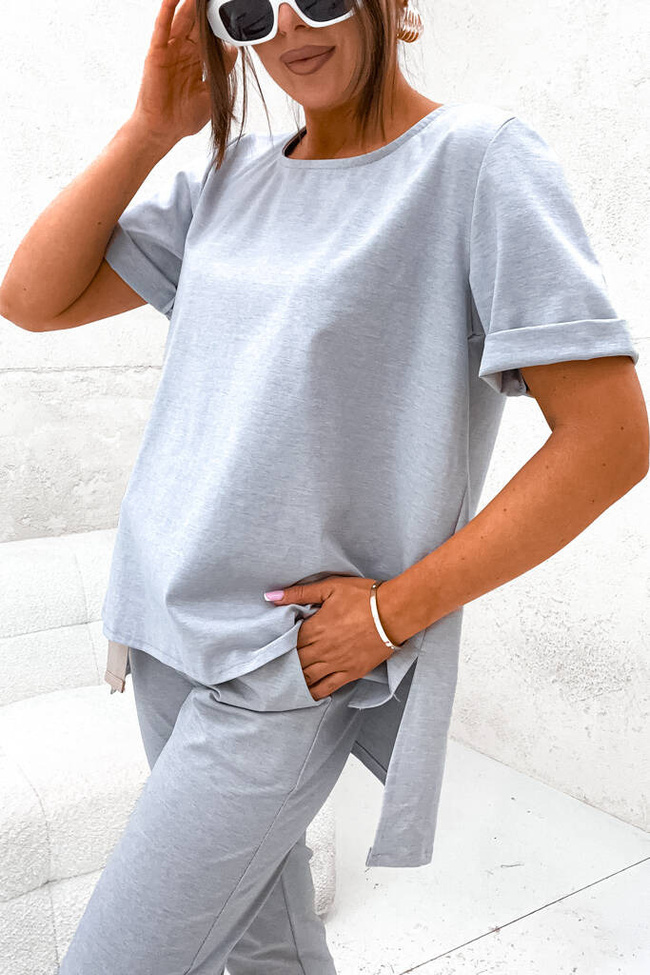 KOMPLET ASYMETRYCZNA BLUZKA+ SPODNIE Z PASKIEM- SZARY