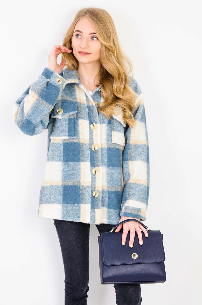 NIEBIESKI PŁASZCZ KOSZULA W KRATĘ