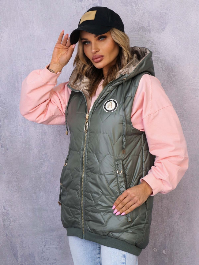 ASYMETRYCZNA KAMIZELKA Z OZDOBNĄ NASZYWKĄ- ZIELONA