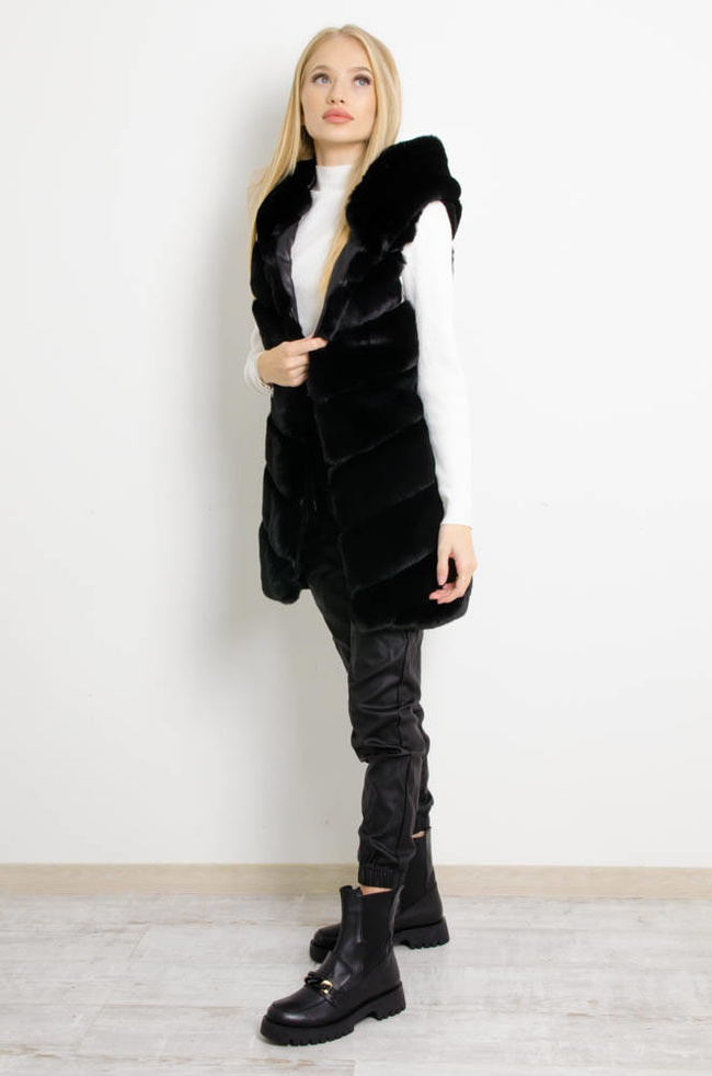 CZARNA FUTRZANA KAMIZELKA Z KAPTUREM (M-XXL)