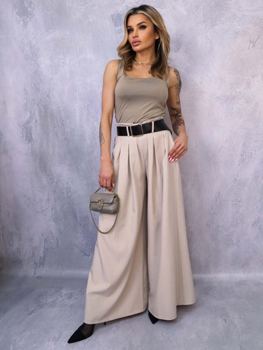 BEŻOWE ELEGANCKIE SPODNIE Z SZEROKIMI NOGAWKAMI+ PASEK
