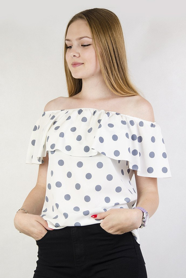 Biała bluzka hiszpanka w grochy