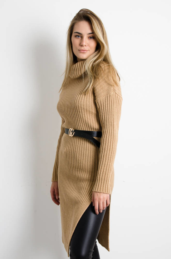 BRĄZOWA SWETERKOWA SUKIENKA Z GOLFEM + PASEK