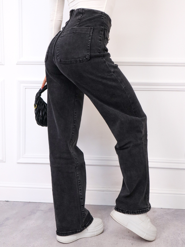 SPODNIE JEANSOWE Z OZDOBNYMI GUZIKAMI I KIESZENIAMI Z PRZODU- CZARNE