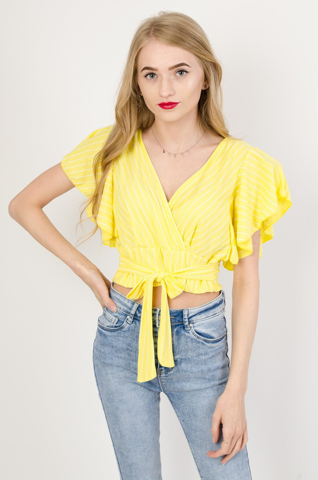 Żółty top w białe paski z wiązaniem