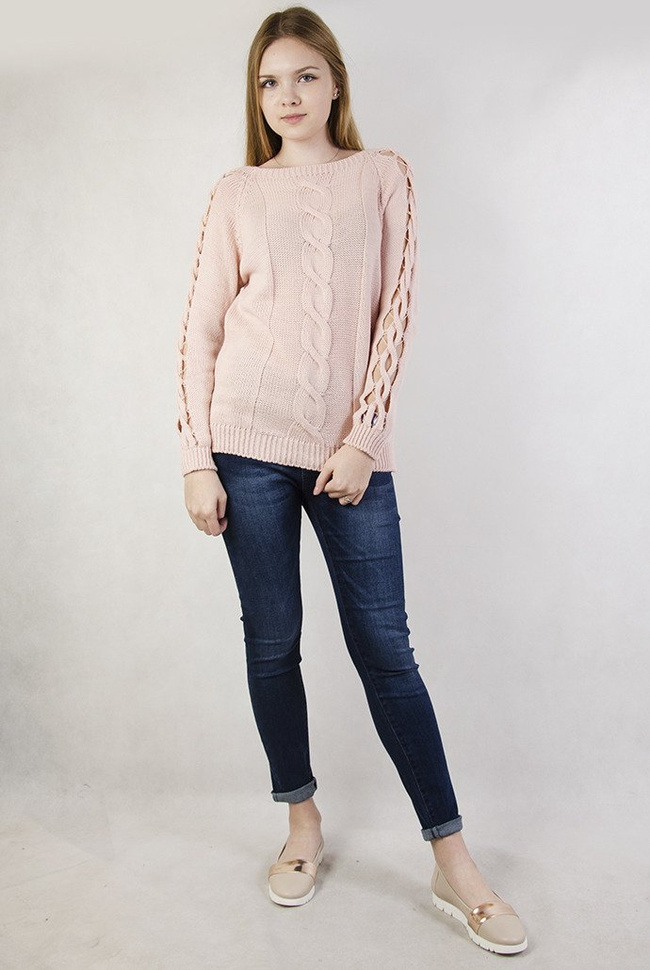 Różowy sweter z wycięciami przy rękawach