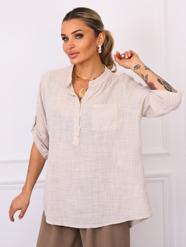 BLUZKA KOSZULOWA ASYMETRYCZNA Z LNEM- BEŻOWA